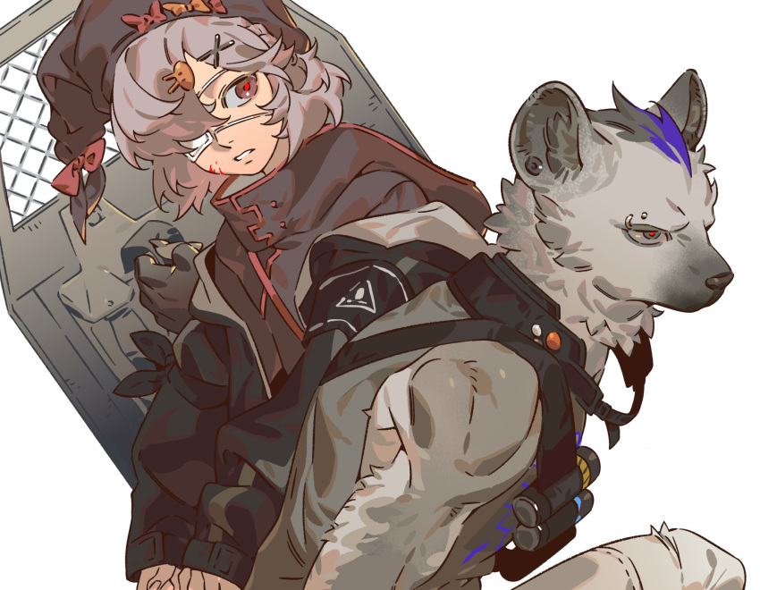 1boy 1girl animal_ears arknights arm_ribbon armband bandage_over_one_eye bandolier bangs black_coat black_collar blood bow bunny_hair_ornament carrying_over_shoulder cast coat collar earrings emblem eyebrow_piercing fingernails gong_(mgong520) grey_eyes grey_hair grey_jacket hair_ornament hair_over_one_eye hat hat_bow high_collar highres hood hood_down hooded_jacket injury jacket jewelry layered_clothing looking_at_another multicolored multicolored_clothes multicolored_jacket parted_lips piercing popukar_(arknights) red_bow red_pupils ribbon riot_shield short_hair simple_background sleeveless spot_(arknights) stud_earrings swept_bangs toned upper_body white_background x_hair_ornament