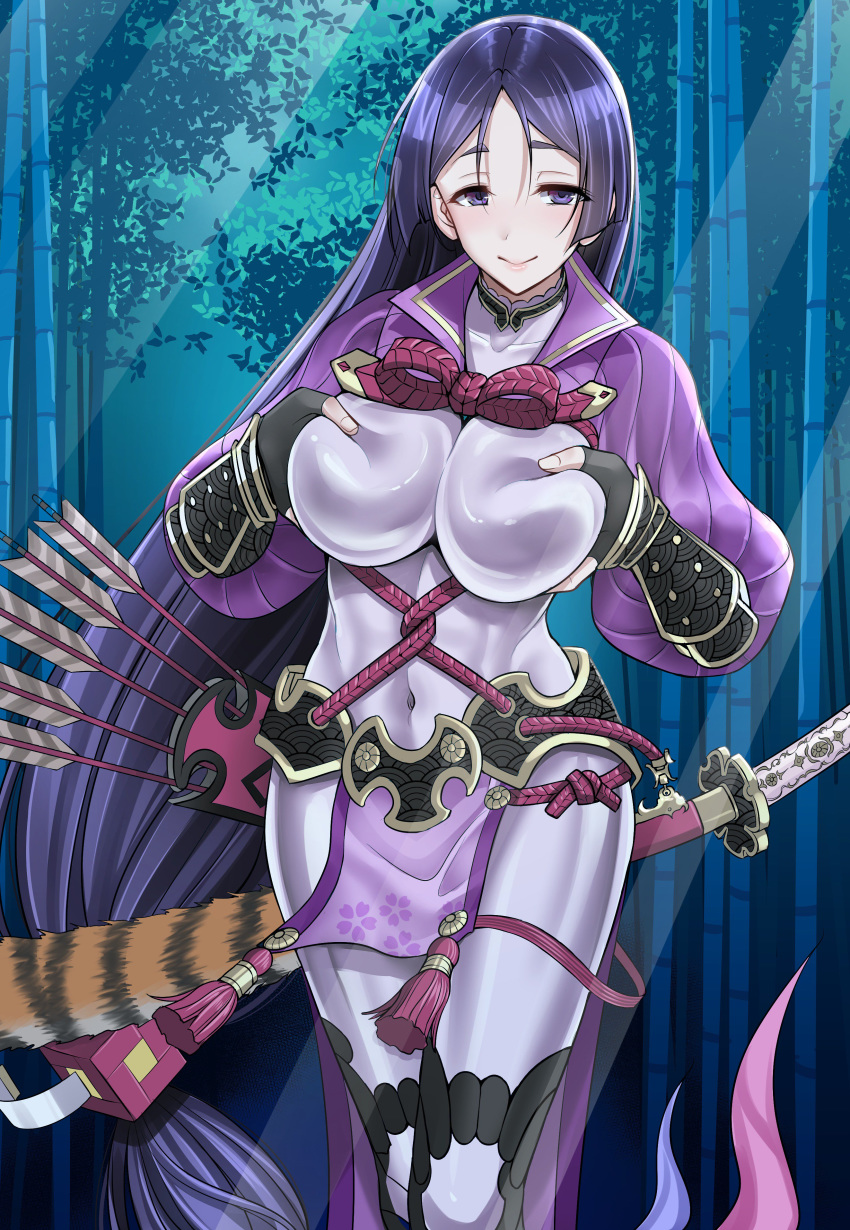 1girl absurdres arm_guards armor bangs black_gloves blush bodysuit breast_lift breasts commentary_request covered_navel cowboy_shot deep_skin fate/grand_order fate_(series) fingerless_gloves gloves highres japanese_armor katana kote large_breasts long_hair looking_at_viewer low-tied_long_hair minamoto_no_raikou_(fate/grand_order) night parted_bangs purple_bodysuit purple_hair quiver ribbed_sleeves rope smile solo suneate sword very_long_hair violet_eyes weapon youshuu