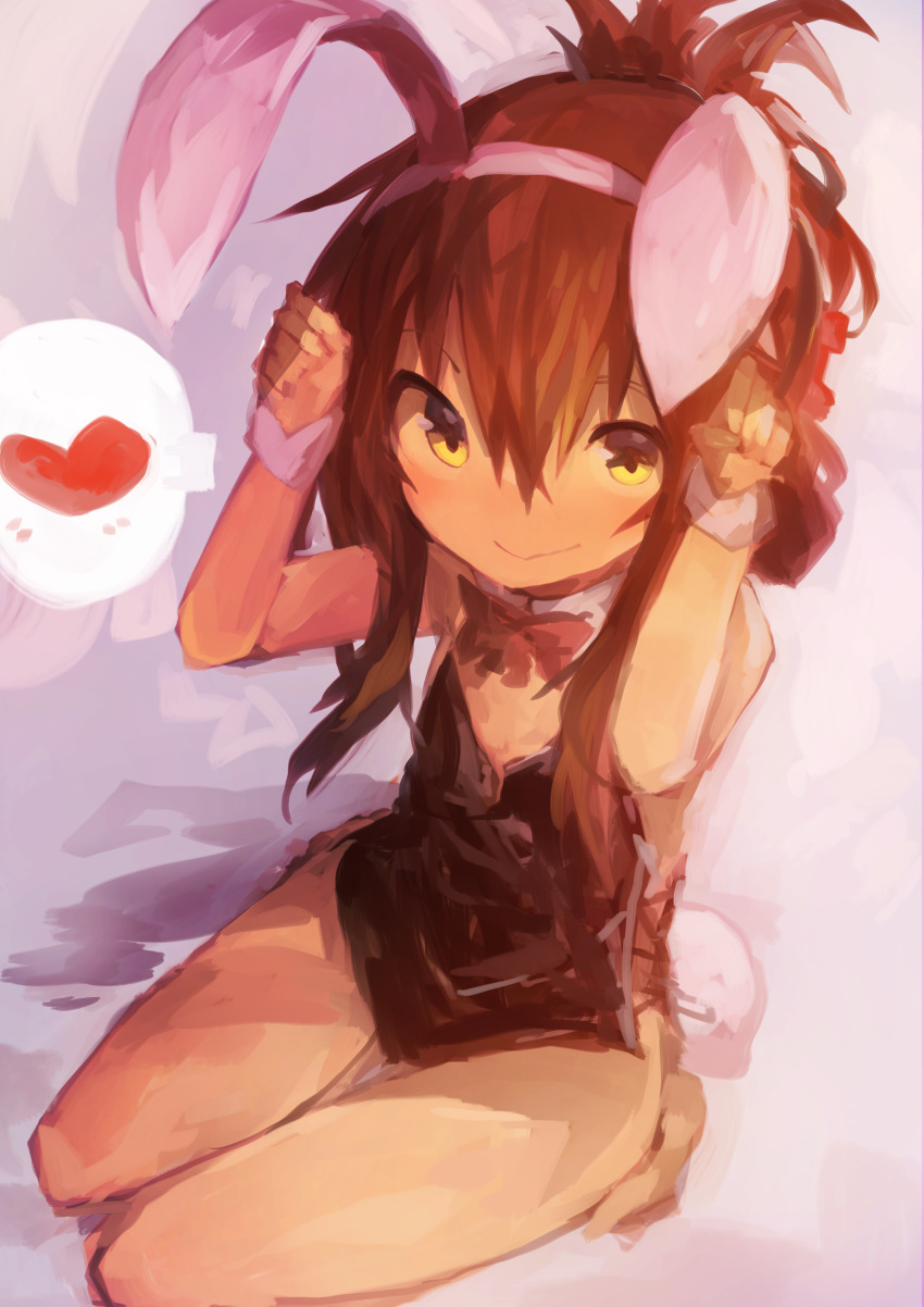 1girl absurdres alternate_costume animal_ears bangs bare_legs barefoot black_legwear blush brown_hair bunny_pose bunny_tail bunnysuit commentary detached_collar fake_animal_ears folded_ponytail grey_background hair_between_eyes heart highres inazuma_(kantai_collection) kaamin_(mariarose753) kantai_collection leotard ponytail rabbit_ears red_neckwear simple_background sitting smile solo spoken_heart tail wrist_cuffs yellow_eyes