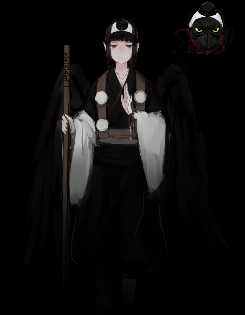 1girl black_background black_eyes black_hair black_kimono bracelet character_request check_character highres japanese_clothes jewelry kappa kimono looking_at_viewer mask original rampart1028 walking_stick