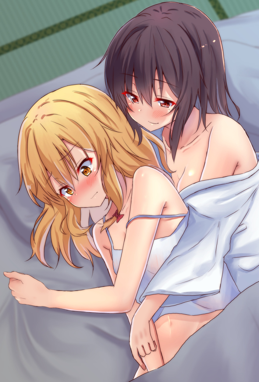 2girls bare_arms bare_shoulders between_legs blonde_hair blush bottomless bow breasts brown_hair collarbone commentary_request embarrassed futon hair_bow hakurei_reimu hand_between_legs highres kirisame_marisa light_smile long_hair lying medium_breasts mukkushi multiple_girls nude on_side pillow red_bow red_eyes smile strap_slip tatami touhou under_covers yellow_eyes yuri