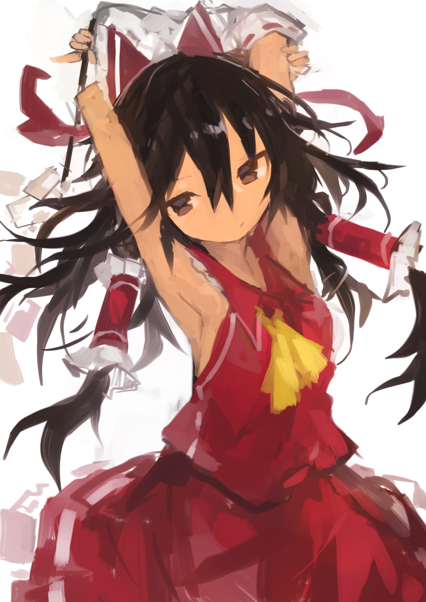 1girl absurdres armpits arms_up ascot bangs black_hair bow brown_eyes closed_mouth detached_sleeves frilled_bow frills gohei hair_between_eyes hair_bow hair_tubes hakurei_reimu highres holding kaamin_(mariarose753) long_hair red_bow red_skirt ribbon-trimmed_sleeves ribbon_trim simple_background skirt skirt_set solo touhou white_background yellow_neckwear