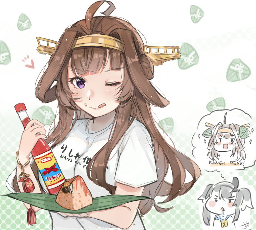 2girls ;q ahoge alternate_costume bangs black_hair bottle brown_hair clothes_writing dog_tail double_bun dress drooling food food_on_face headgear heart highres kantai_collection kongou_(kantai_collection) licking_lips long_hair looking_at_viewer multiple_girls one_eye_closed remodel_(kantai_collection) rice rice_on_face sagor942014 sailor_collar sailor_dress shirt short_hair short_hair_with_long_locks sidelocks smile t-shirt tail tail_wagging thought_bubble tokitsukaze_(kantai_collection) tongue tongue_out violet_eyes zongzi