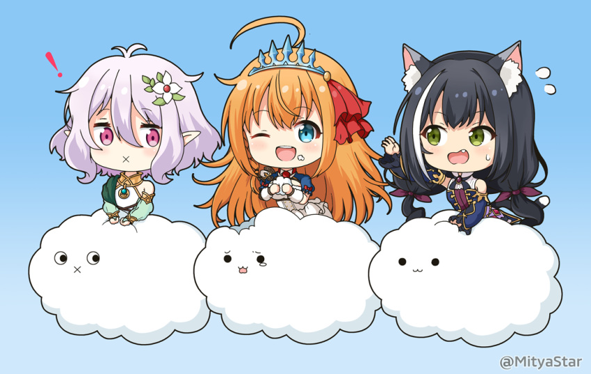 ! ... ._. 3girls :3 :x ;d ahoge animal_ear_fluff animal_ears antenna_hair bangs bare_shoulders black_hair blue_background blue_eyes blue_sleeves blush breasts bridal_gauntlets cat_ears closed_mouth clouds commentary_request detached_sleeves dress eating eyebrows_visible_through_hair flower flying_sweatdrops gradient gradient_background green_sleeves hair_between_eyes hair_flower hair_ornament hair_ribbon holding karyl_(princess_connect!) kokkoro_(princess_connect!) long_hair long_sleeves looking_at_another looking_at_viewer looking_to_the_side low_twintails medium_breasts miicha multiple_girls one_eye_closed open_mouth orange_hair pecorine photoshop_(medium) pink_eyes planted_sword planted_weapon pointy_ears princess_connect! princess_connect!_re:dive puffy_long_sleeves puffy_short_sleeves puffy_sleeves purple_ribbon red_ribbon ribbon see-through see-through_sleeves shirt short_sleeves shrug_(clothing) silver_hair sleeveless sleeveless_dress sleeveless_shirt sleeves_past_wrists smile solid_circle_eyes sword tears tiara twintails twitter_username upper_teeth very_long_hair weapon white_dress white_flower white_shirt