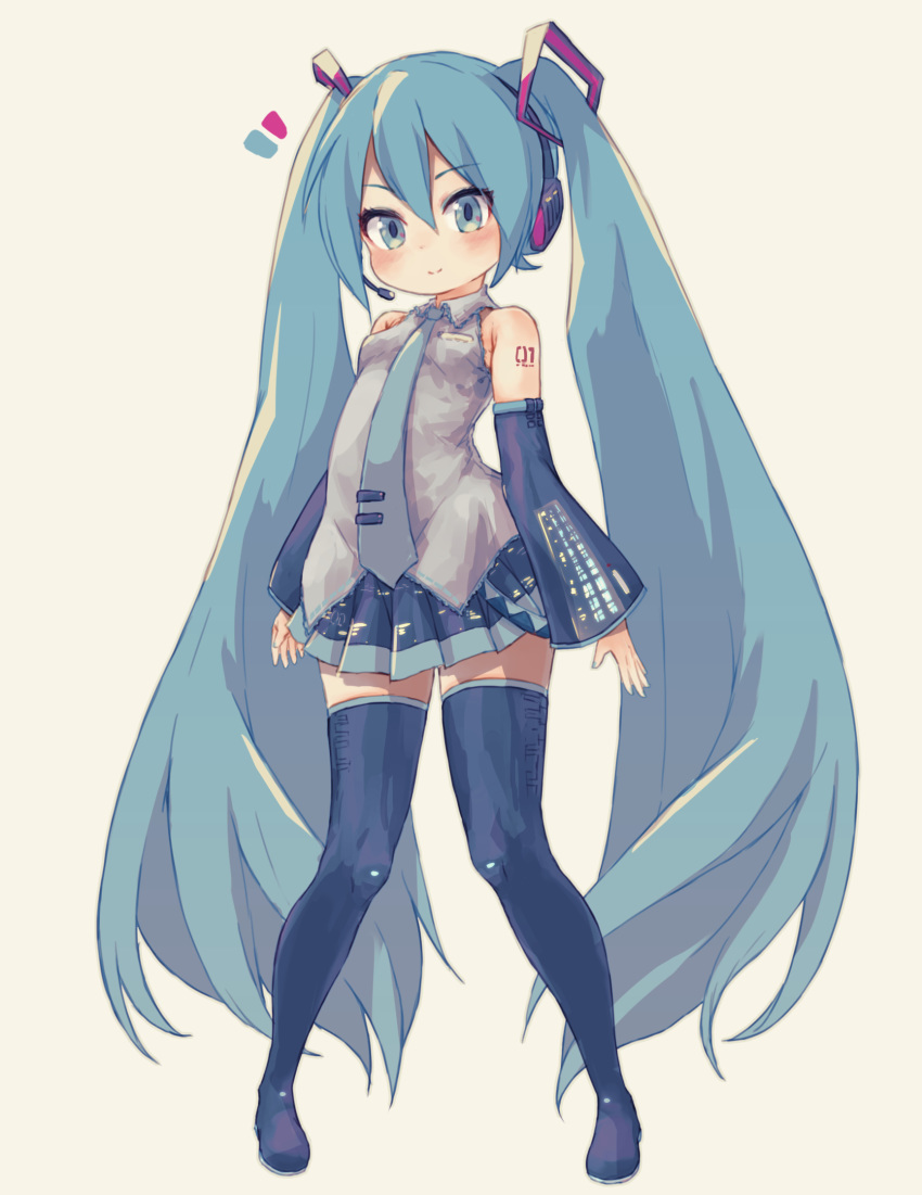 1girl absurdly_long_hair black_footwear black_skirt blue_eyes blue_hair blue_neckwear blush boots breasts closed_mouth collared_shirt derivative_work eyebrows_visible_through_hair full_body grey_shirt hatsune_miku headset highres kolshica long_hair looking_at_viewer necktie pleated_skirt shirt skirt small_breasts smile solo thigh-highs thigh_boots tie_clip twintails very_long_hair vocaloid vocaloid_boxart_pose