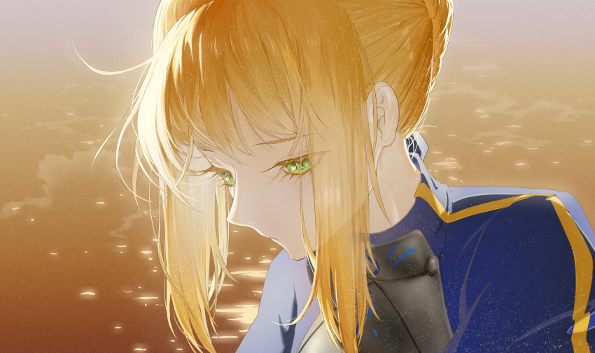 1girl artoria_pendragon_(all) backlighting bangs blonde_hair braid braided_bun clouds fate/stay_night fate/zero fate_(series) french_braid green_eyes highres portrait rafaelaaa saber sidelocks solo