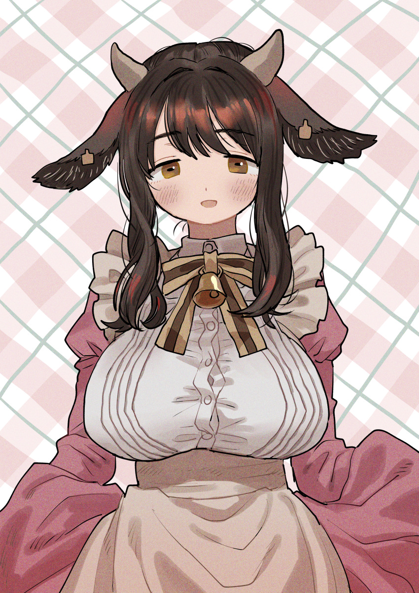1girl absurdres animal_ears apron bangs bell black_hair blush breasts brown_eyes button_gap dress goat_ears goat_girl goat_horns highres horns huge_filesize juliet_sleeves large_breasts long_hair long_sleeves maid_apron original plaid plaid_background puffy_sleeves solo striped striped_neckwear upper_body zinbei