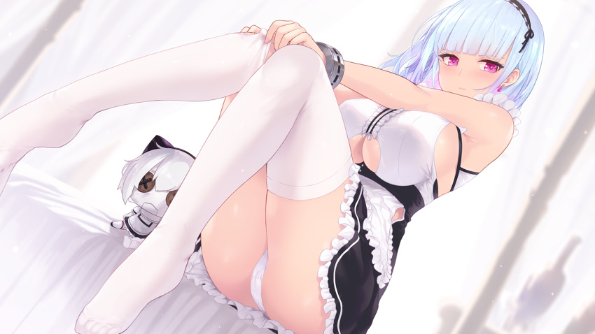 1girl apron azur_lane bangs bare_shoulders black_hairband blue_hair blunt_bangs blush breasts cait dido_(azur_lane) earrings eyebrows_visible_through_hair frills hairband highres jewelry large_breasts long_hair looking_at_viewer no_shoes panties pantyshot pink_eyes sitting sleeveless solo stuffed_toy thigh-highs thighhighs_pull under_boob underboob_cutout underwear waist_apron white_apron white_legwear white_panties