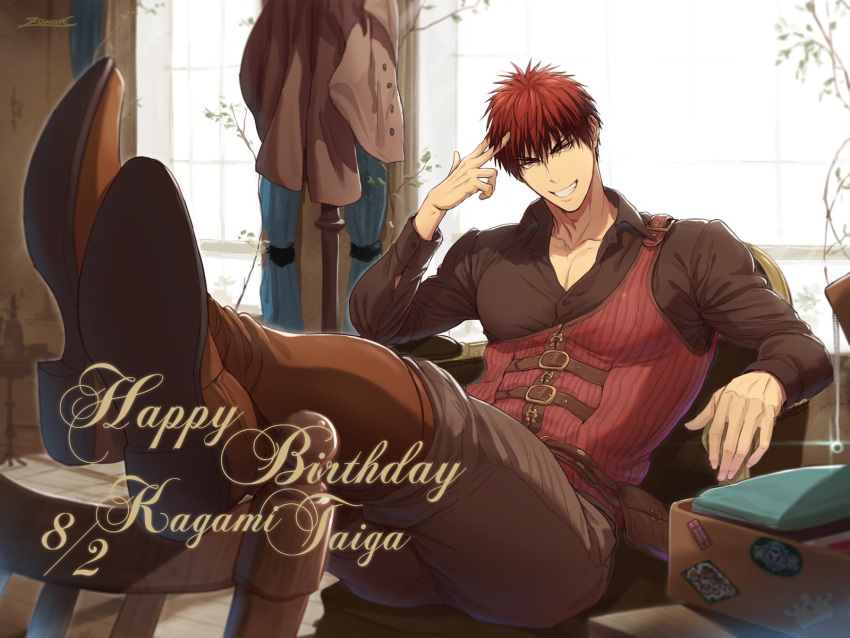 1boy boots brown_pants chair crossed_legs dated happy_birthday highres kagami_taiga kuroko_no_basuke male_focus pants red_eyes redhead sitting solo solo_focus zawar379