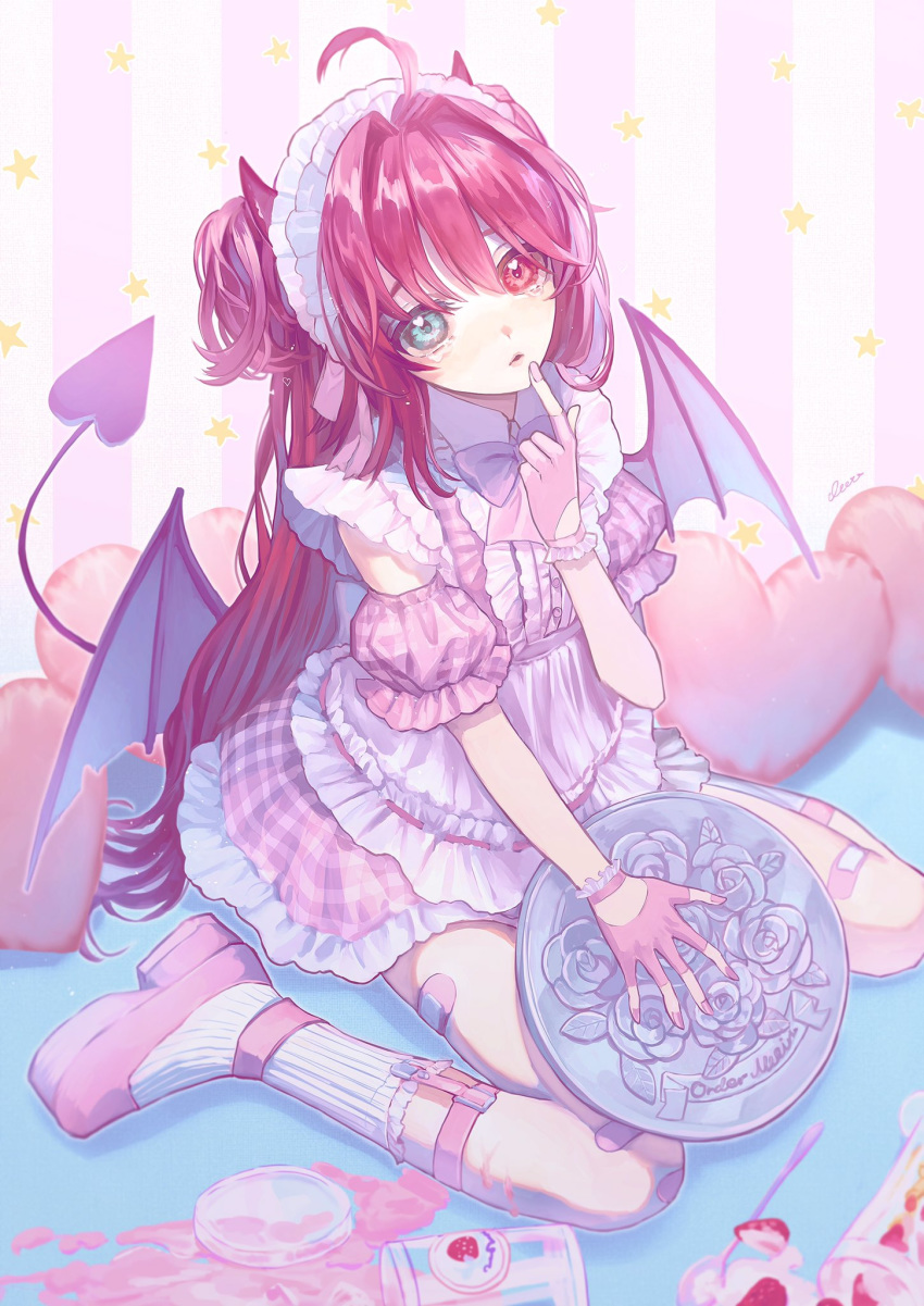 1girl ahoge apron bandaid bangs blue_eyes bow collared_dress crying crying_with_eyes_open demon_tail demon_wings detached_sleeves dress finger_to_mouth fingerless_gloves food fruit garter_straps gloves hair_between_eyes heart heterochromia highres iwoxiv long_hair maid_headdress nail_polish original pink_dress pink_footwear pink_gloves pink_hair plaid plaid_dress red_eyes short_twintails signature sitting solo strawberry symbol_commentary tail tears twintails white_legwear wings