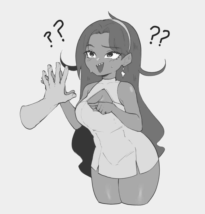 1boy 1girl ?? cleavage_cutout cropped_legs disembodied_limb dress earrings greyscale highres interlocked_fingers jewelry long_hair monochrome nyantcha original pointing pointing_at_another short_dress sleeveless sleeveless_dress tsona_(nyantcha)