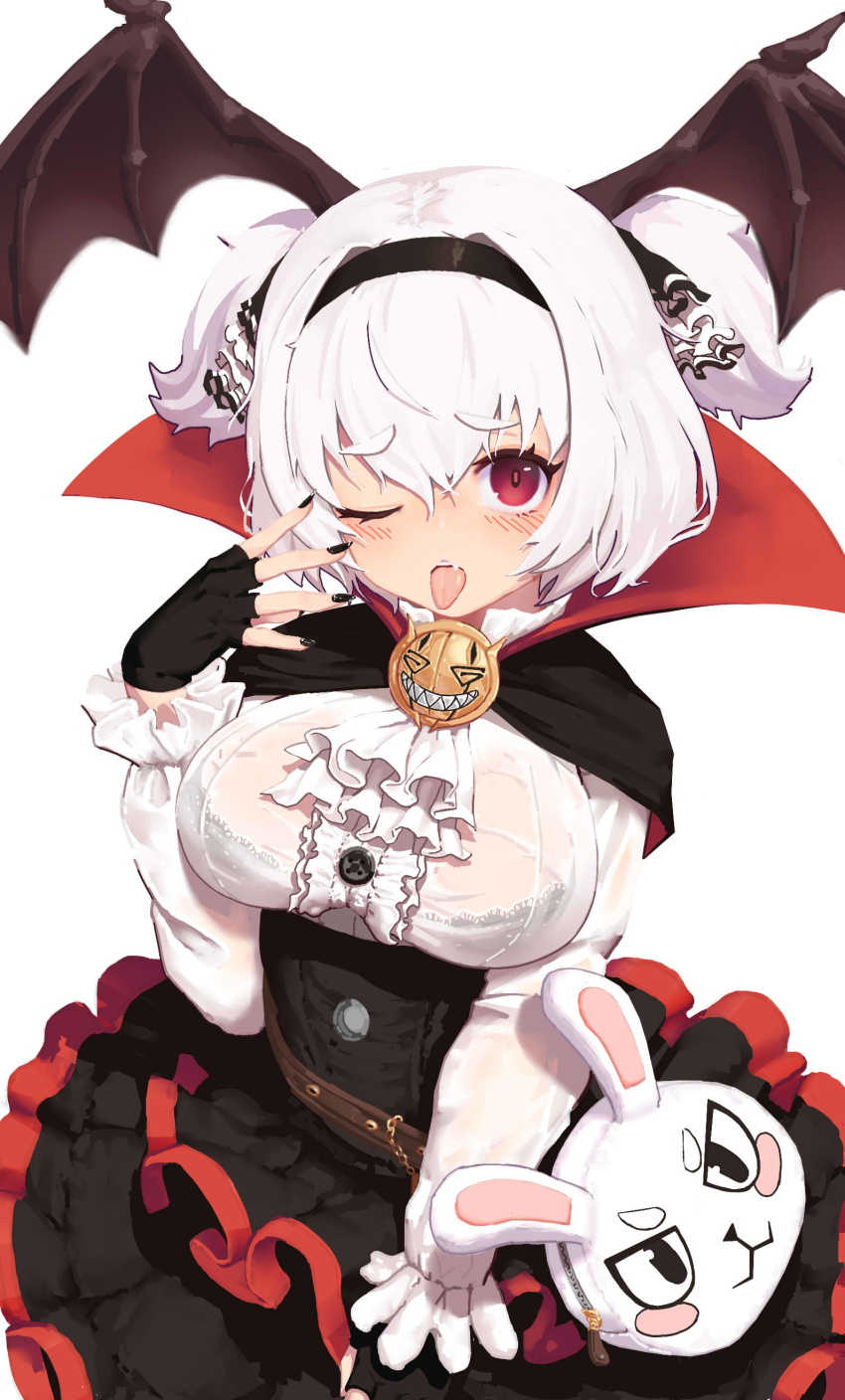 1girl :p absurdres black_nails bra breasts brooch bunny_bag dress fang fingerless_gloves gloves gothic_lolita greentree hair_between_eyes hairband head_wings highres huge_breasts jewelry last_origin lolita_fashion looking_at_viewer one_eye_closed oppai_loli red_eyes see-through simple_background solo t-13_alvis tongue tongue_out two_side_up underwear white_background white_hair