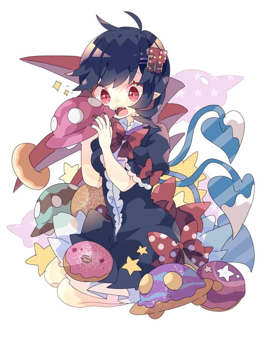 1girl ? asymmetrical_wings black_dress black_hair blue_wings bow bowtie commentary doughnut dress fangs flying_saucer food frilled_sleeves frills full_body hair_ornament hairclip hands_up highres holding houjuu_nue nikorashi-ka open_mouth pointy_ears polka_dot polka_dot_bow puffy_short_sleeves puffy_sleeves red_bow red_eyes red_nails red_neckwear red_wings seiza short_hair short_sleeves sitting solo space_craft sparkle sparkling_eyes star_(symbol) touhou ufo white_background wings