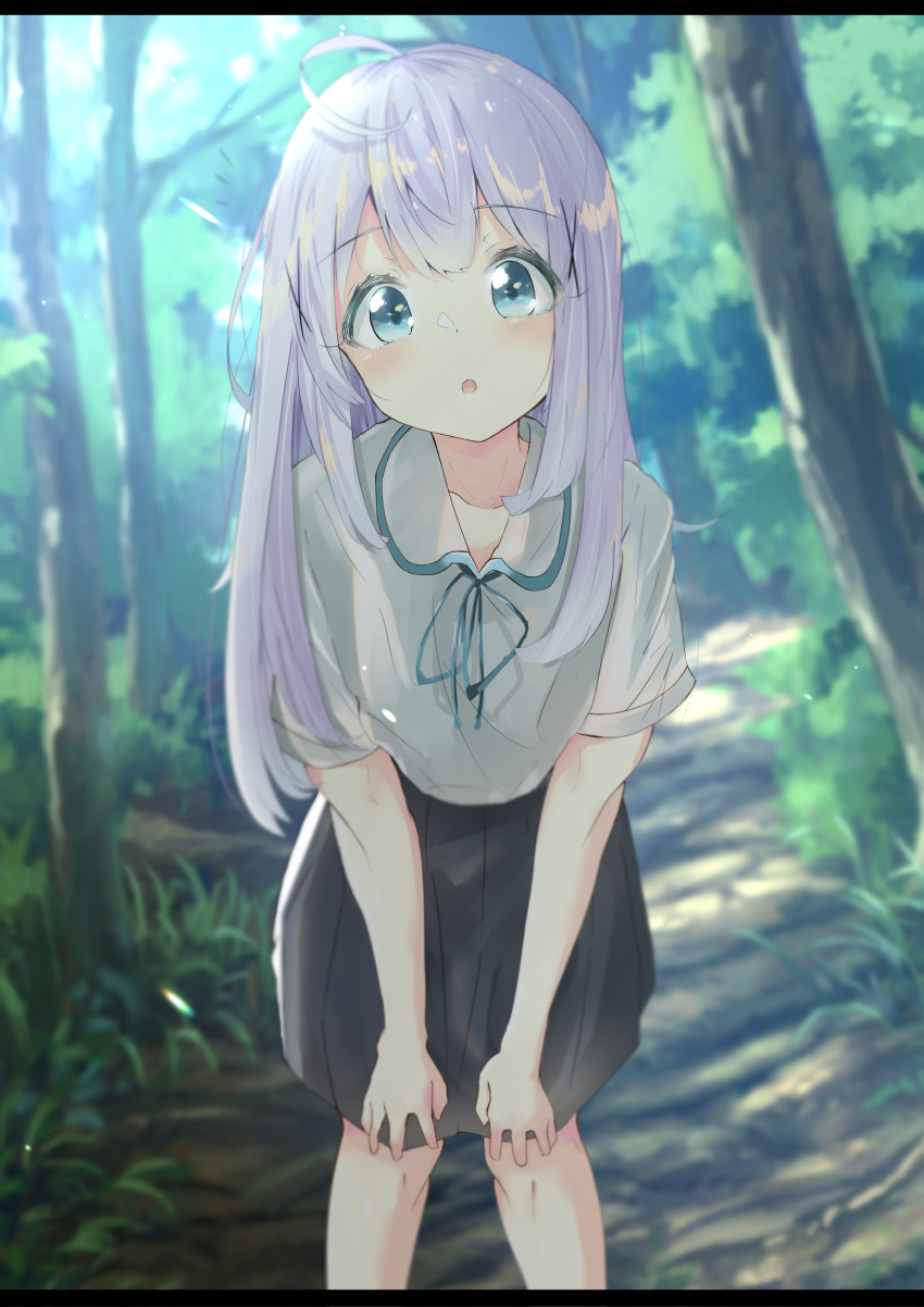 1girl absurdres aqua_eyes bangs bare_arms bare_legs collarbone collared_shirt commentary dirt dirt_road eyebrows_visible_through_hair forest gochuumon_wa_usagi_desu_ka? grass highres kafuu_chino leaning leaning_forward looking_at_viewer medium_hair nature open_mouth purple_hair road scenery shirt shiyosan. short_sleeves skirt standing tree