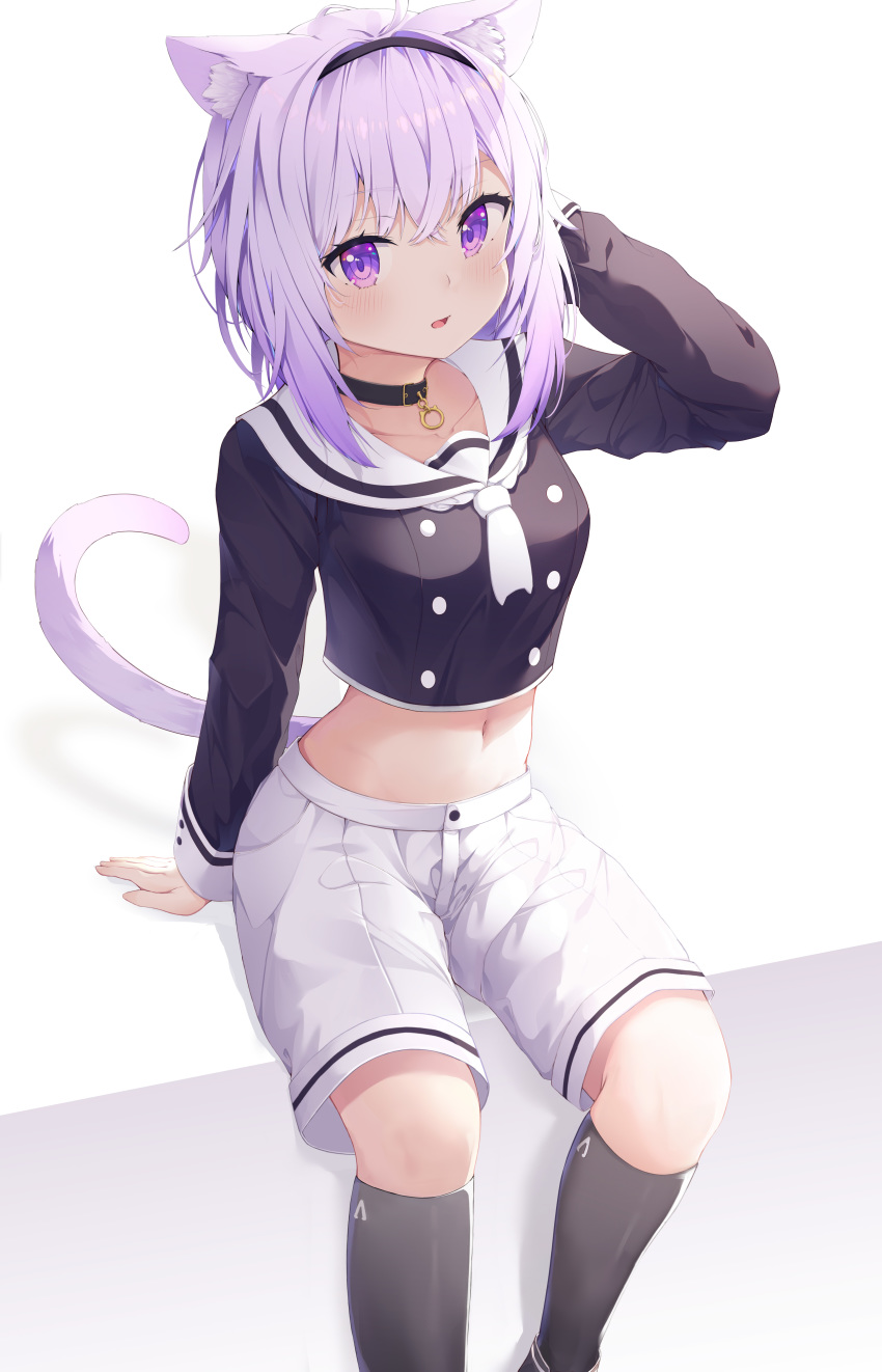 1girl absurdres ahoge animal_ears arm_support arm_up black_choker black_legwear black_shirt breasts cat_ears cat_girl cat_tail choker collarbone crop_top hairband highres hololive keis_(locrian1357) kneehighs lavender_hair long_hair long_sleeves looking_at_viewer midriff navel nekomata_okayu parted_lips sailor_collar shirt shorts sitting small_breasts solo stomach tail violet_eyes virtual_youtuber white_shorts