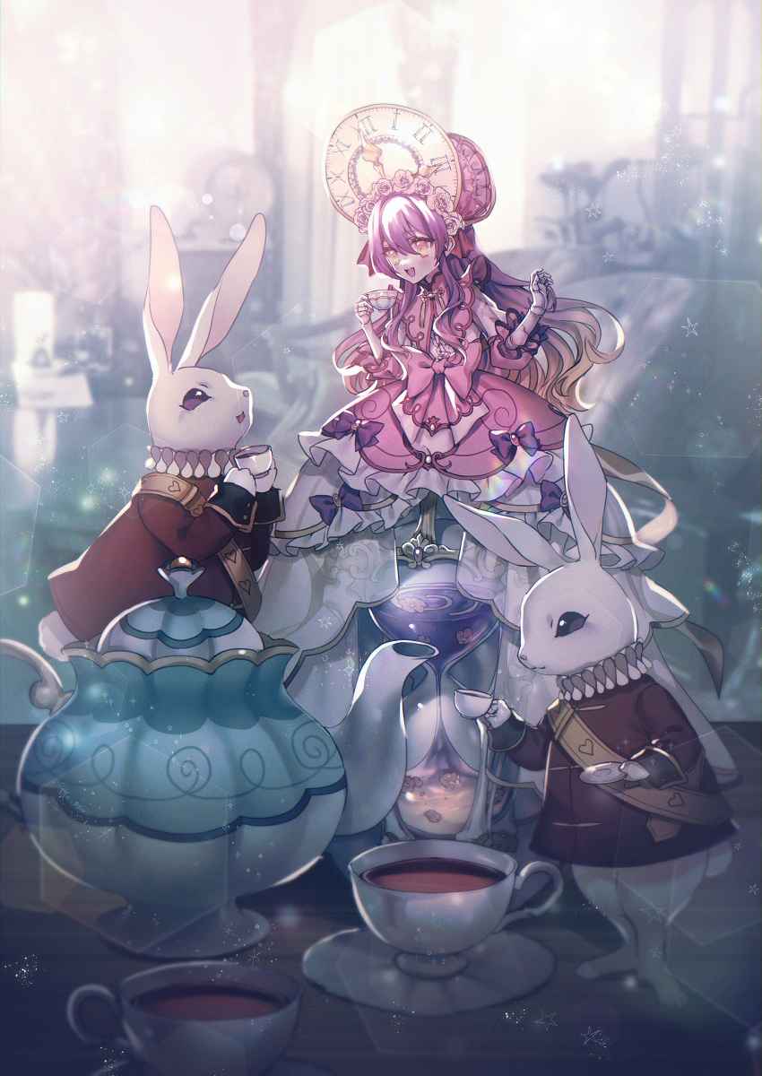 1girl absurdres blurry blurry_background bow clock cracked cup dress gen_8_pokemon highres holding holding_cup hourglass huge_filesize indoors lens_flare moe_(hamhamham) personification pink_bow pink_dress pink_headwear pokemon polteageist purple_hair rabbit tea teacup teapot yellow_eyes