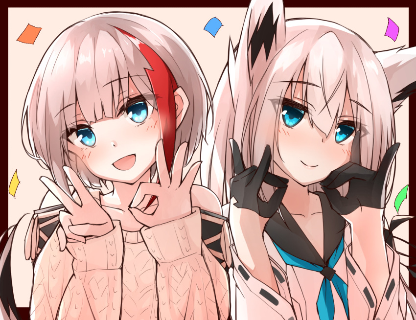 2girls :d admiral_graf_spee_(azur_lane) animal_ears aqua_eyes azur_lane bangs black_gloves black_hair blush border brown_border commentary_request detached_sleeves eyebrows_visible_through_hair eyes_visible_through_hair fox_ears fox_shadow_puppet gloves highres hime_cut kawakaze_(azur_lane) lips long_hair long_sleeves looking_at_viewer multicolored_hair multiple_girls neckerchief ok_sign open_mouth redhead ryou_(ryo_217cafe) sidelocks simple_background smile tail upper_body v white_background white_hair