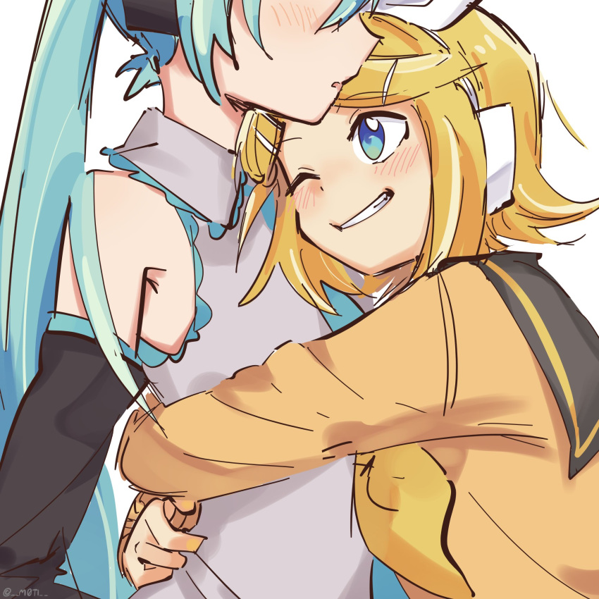 2girls aqua_eyes aqua_hair aqua_neckwear arms_around_back bare_shoulders black_collar black_sleeves blue_eyes blush bow cardigan collar commentary detached_sleeves grey_shirt grin hair_bow hatsune_miku headphones highres hug kagamine_rin long_hair looking_at_another m0ti multiple_girls nail_polish neckerchief necktie one_eye_closed orange_cardigan parted_lips sailor_collar school_uniform shirt sketch sleeveless sleeveless_shirt smile twintails upper_body very_long_hair vocaloid white_bow yellow_nails yellow_neckwear yuri