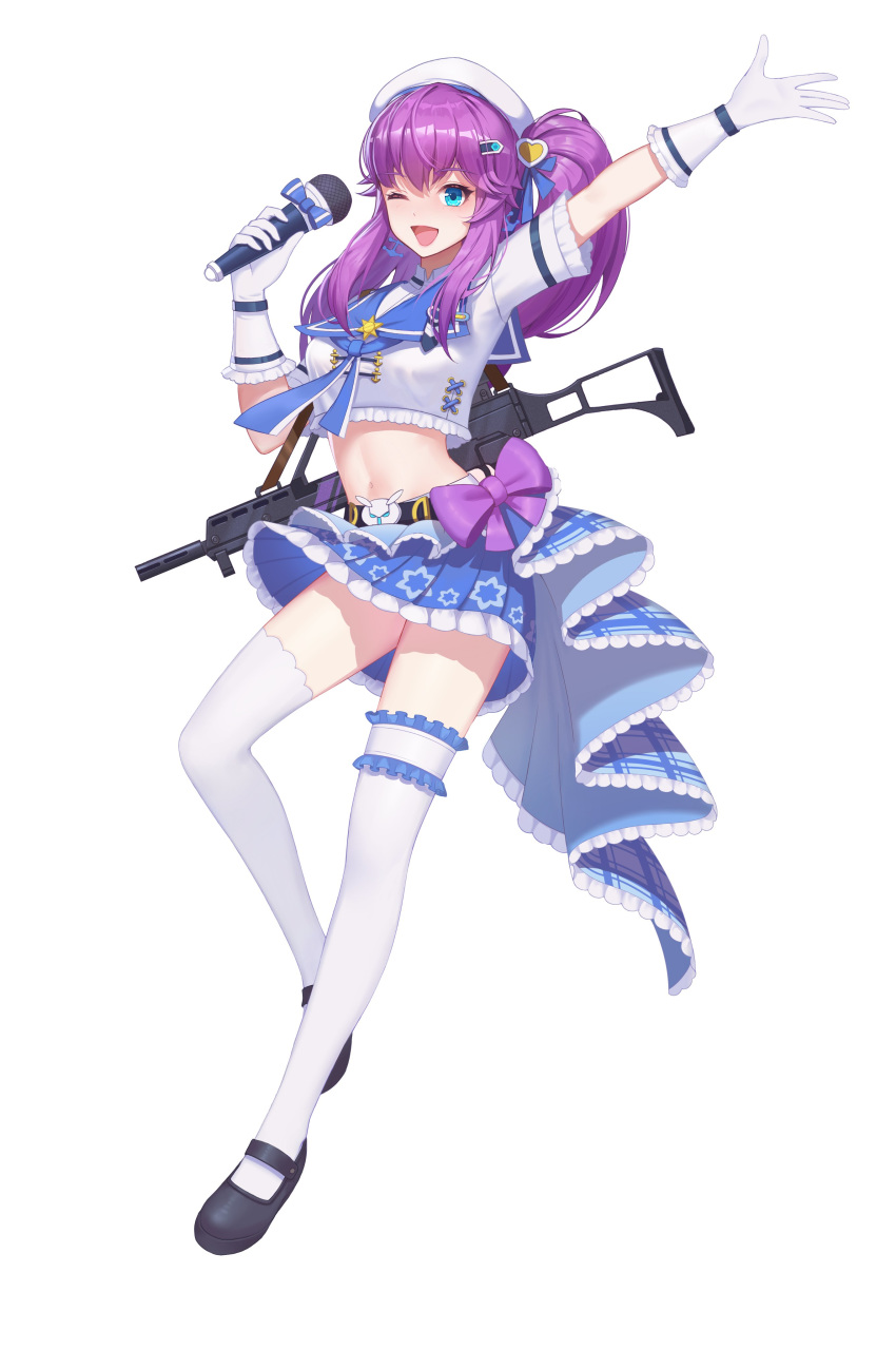 1girl ;d absurdres argent_wing arm_up assault_rifle belt beret black_footwear blue_eyes blue_skirt bow breasts crop_top crop_top_overhang frilled_shirt frills full_body g36_(argent_wing) gloves gun h&amp;k_g36 hand_up hat highres holding idol long_hair looking_at_viewer mary_janes medium_breasts microphone midriff miniskirt navel official_art one_eye_closed one_side_up open_mouth outstretched_arm pleated_skirt purple_bow purple_hair rifle sailor_collar shirt shoes short_sleeves simple_background skirt smile solo stomach thigh-highs thighs weapon white_background white_gloves white_headwear white_legwear white_shirt zettai_ryouiki