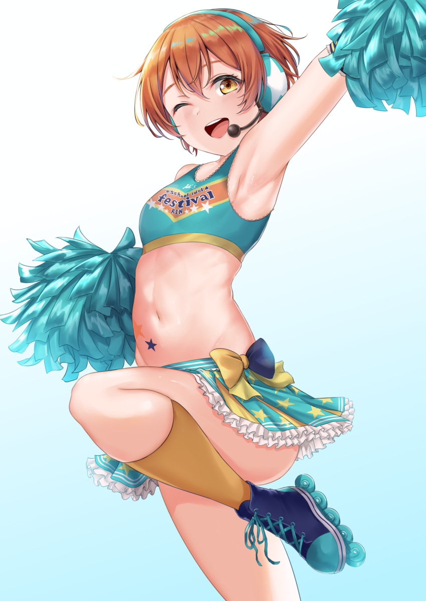 1girl abs absurdres armpits blue_footwear calf_socks cheerleader eyebrows_behind_hair gradient gradient_background green_skirt green_tank_top hair_between_eyes headphones headset highres holding_pom_poms hoshizora_rin layered_skirt love_live! love_live!_school_idol_project navel one_eye_closed orange_hair pom_poms rama_(yu-light8) roller_skates skates skirt solo star_(symbol) tank_top yellow_eyes yellow_legwear