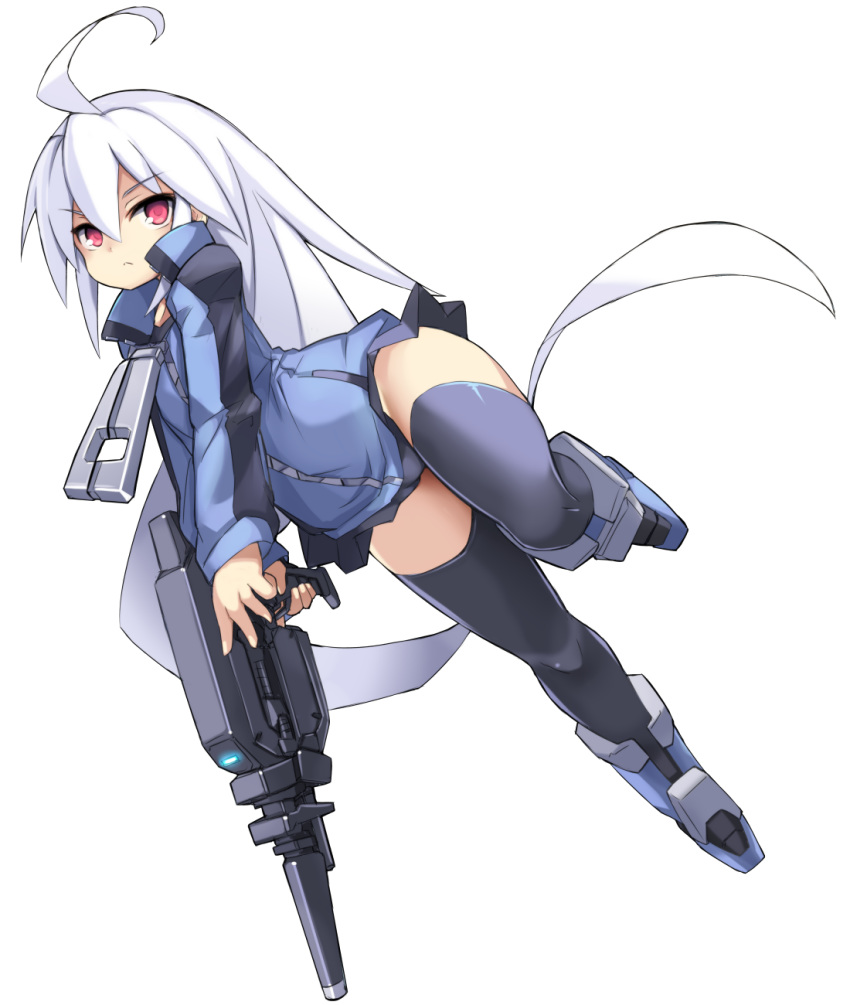 100_percent_orange_juice 1girl ahoge bangs black_legwear blue_footwear blue_jacket boots closed_mouth eyebrows_visible_through_hair full_body gun hair_between_eyes highres holding holding_gun holding_weapon jacket karukan_(monjya) long_hair long_sleeves red_eyes simple_background sleeves_past_wrists solo suguri suguri_(character) thigh-highs very_long_hair weapon white_background white_hair zipper_pull_tab