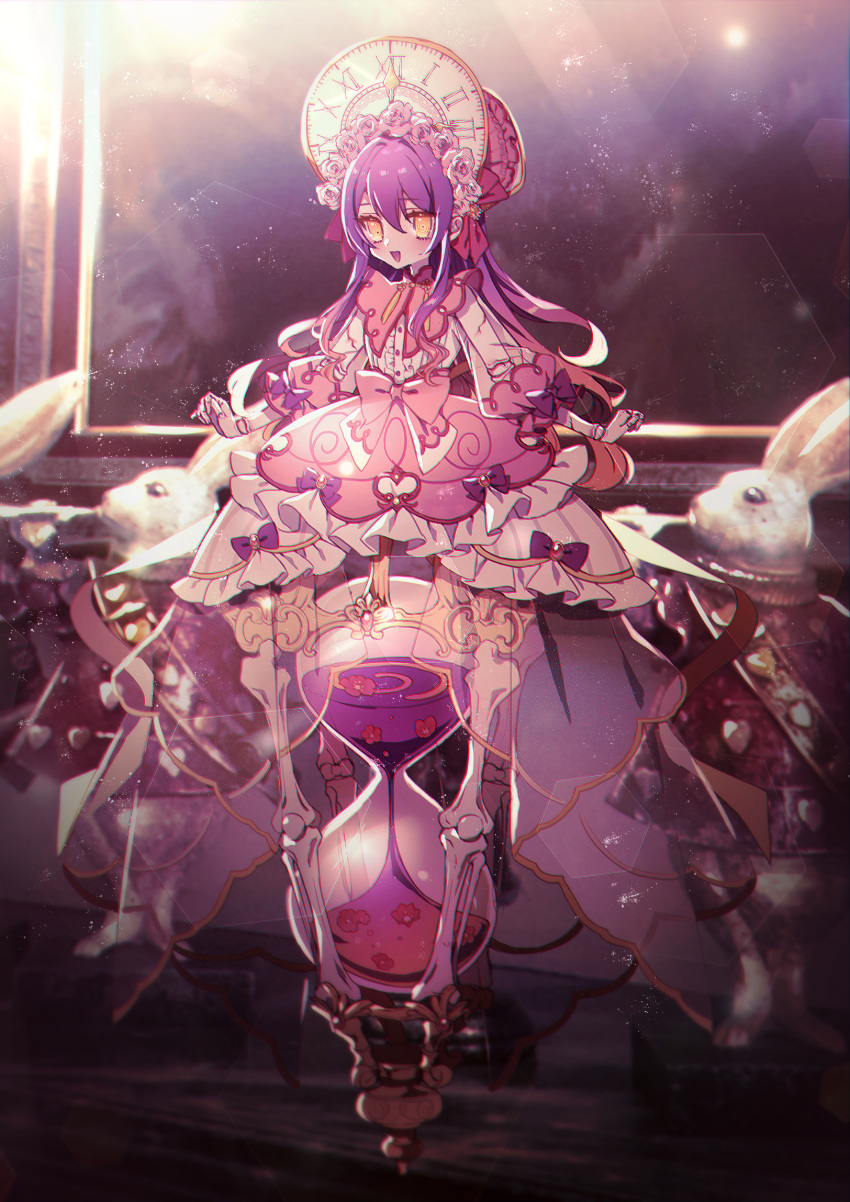 1girl :d @_@ bone bow cracked dress gen_8_pokemon highres hourglass indoors lens_flare moe_(hamhamham) open_mouth personification pink_bow pink_dress pink_headwear pokemon polteageist purple_hair rabbit see-through smile solo yellow_eyes