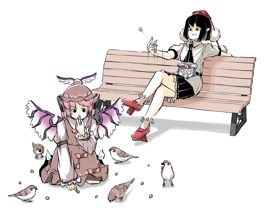 &lt;o&gt;_&lt;o&gt; 2girls animal_ears arm_ribbon bangs bench bird bird_ears bird_wings black_eyes black_hair black_neckwear black_skirt brown_dress brown_headwear collarbone collared_shirt commentary_request dress eating feathered_wings food frilled_skirt frills geta hat highres holding holding_food long_sleeves looking_at_another looking_down multiple_girls mystia_lorelei necktie peroponesosu. pink_hair pointy_ears pom_pom_(clothes) popcorn red_footwear red_headwear ribbon seiza shameimaru_aya shirt short_hair short_sleeves simple_background sitting skirt socks tengu-geta tokin_hat touhou white_background white_legwear white_shirt white_sleeves white_wings winged_hat wings