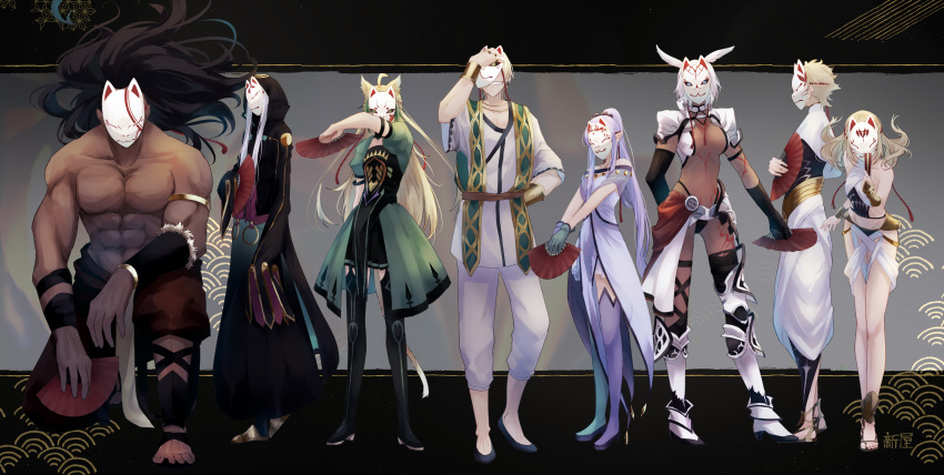 4boys 4girls absurdres ahoge animal_ears asclepius_(fate/grand_order) atalanta_(fate) berserker black_hair blonde_hair boots bracelet caenis_(fate) caster_lily castor_(fate/grand_order) dark_skin dark_skinned_male fan fate/apocrypha fate/grand_order fate/stay_night fate_(series) fox_mask grin highres hood jason_(fate/grand_order) jewelry long_hair mask multiple_boys multiple_girls one_knee pollux_(fate/grand_order) ponytail purple_hair robe shin'ya_(yukiura) sleeves_past_fingers sleeves_past_wrists smile tail thigh-highs thigh_boots white_hair