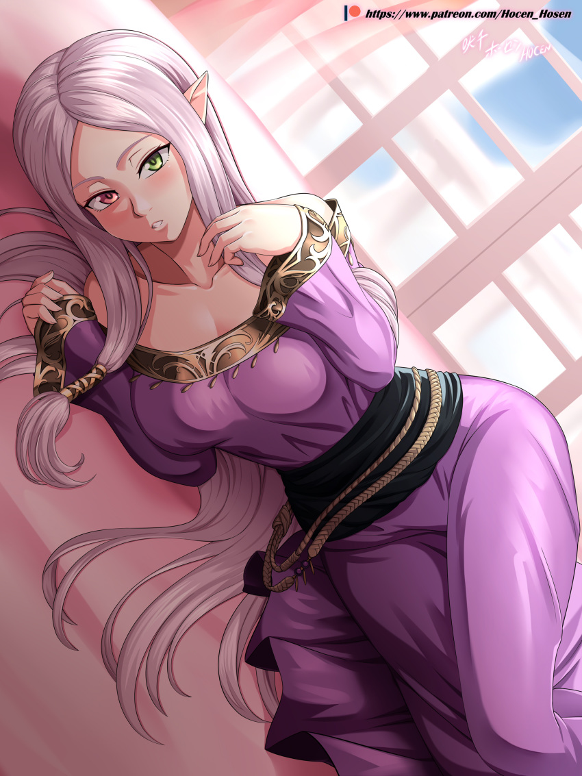 1girl absurdres dress fire_emblem fire_emblem:_the_binding_blade green_eyes heterochromia highres idunn_(fire_emblem) long_hair long_sleeves lying on_side parted_lips pointy_ears purple_hair red_eyes solo vilde_loh_hocen watermark web_address window