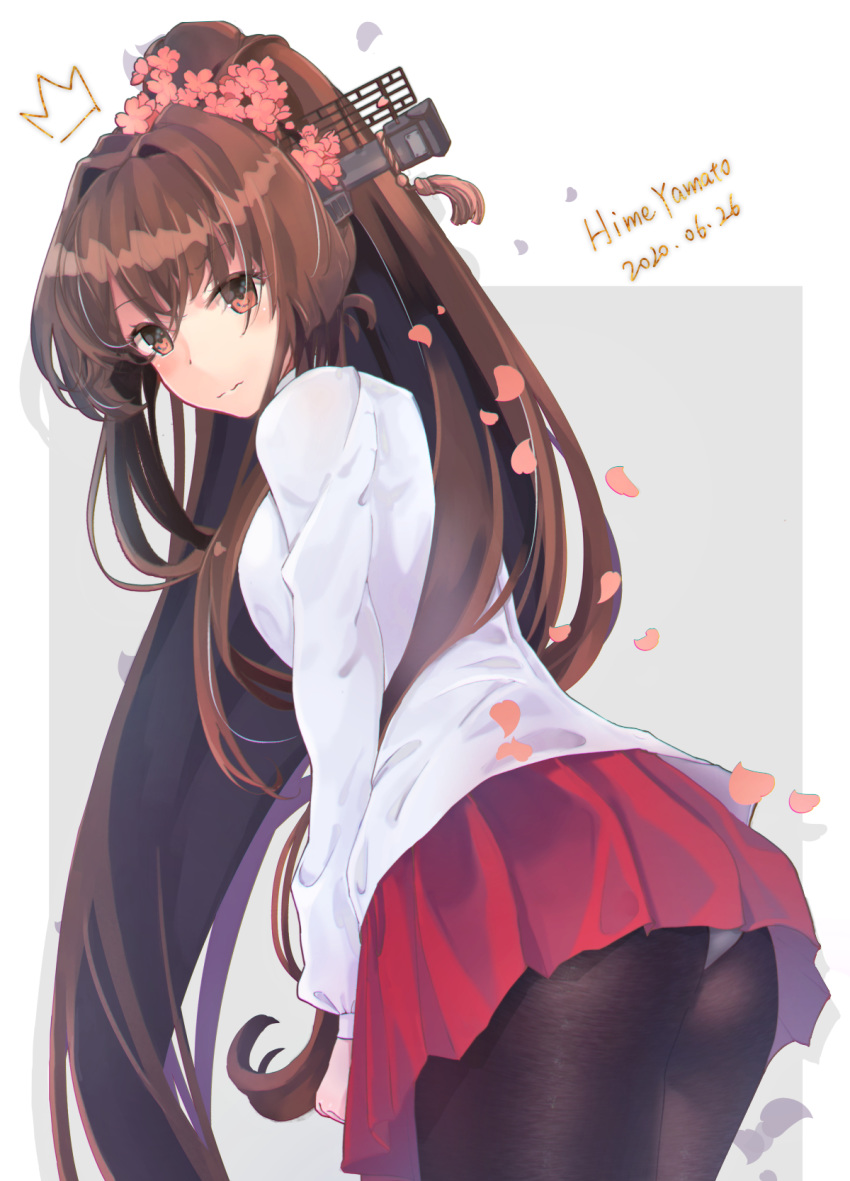 1girl brown_eyes brown_hair cake_no_shaberu cherry_blossoms flower hair_flower hair_ornament highres kantai_collection long_hair looking_at_viewer ponytail very_long_hair yamato_(kantai_collection)
