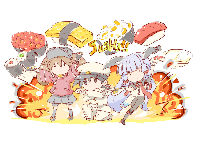 1boy 2girls :&lt; admiral_(kantai_collection) bangs black_hair black_legwear brown_hair chibi closed_mouth dress explosion eyebrows_visible_through_hair food fudeyama_(fudeco) grey_hair gunkanmaki hair_ribbon hat headgear highres holding holding_food holding_plate japanese_clothes kantai_collection kariginu long_hair long_sleeves magatama multiple_girls murakumo_(kantai_collection) pantyhose plate remodel_(kantai_collection) ribbon ryuujou_(kantai_collection) short_sleeves standing standing_on_one_leg sushi thigh-highs tress_ribbon twintails visor_cap