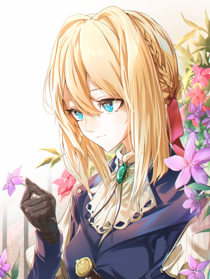 1girl absurdres blonde_hair blue_eyes blue_jacket braid breasts brooch brown_gloves commentary cravat flower from_side gloves green_brooch hair_between_eyes hair_intakes hair_ribbon highres holding holding_flower jacket jewelry light_smile matsunaga777 mechanical_hand medium_hair red_ribbon ribbon simple_background solo upper_body violet_(flower) violet_evergarden violet_evergarden_(character) white_background white_neckwear