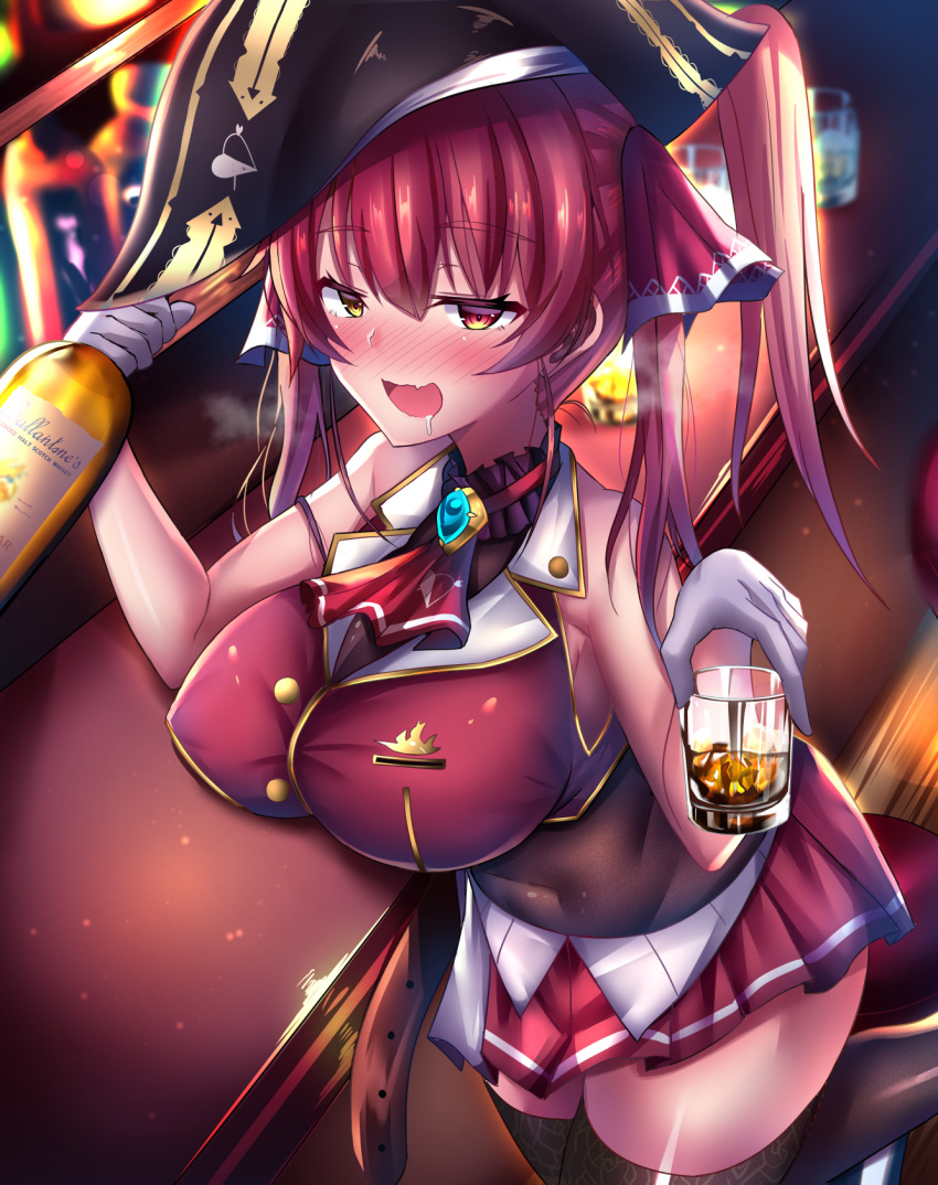 1girl alcohol ascot bangs bar bare_shoulders belt black_headwear black_legwear blurry blurry_background blush breast_rest breasts brown_belt commentary covered_navel cup drinking_glass drooling drunk gem gloves hair_between_eyes hair_intakes half-closed_eyes hands_up hat heavy_breathing highres holding hololive houshou_marine indoors large_breasts long_hair looking_at_viewer nose_blush open_mouth pirate_hat pleated_skirt red_neckwear red_skirt redhead see-through shiki_(catbox230123) shirt skirt sleeveless sleeveless_shirt solo thigh-highs thighs virtual_youtuber white_gloves yellow_eyes