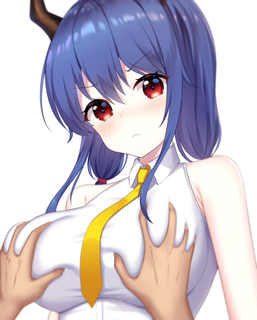 1girl absurdres arknights bangs bare_shoulders bencao_gangmu_(anquan_sy) blue_hair blush breast_grab breasts ch'en_(arknights) dragon_horns eyebrows_visible_through_hair grabbing groping hair_between_eyes head_tilt highres horns large_breasts long_hair looking_at_viewer necktie red_eyes shirt simple_background sleeveless sleeveless_shirt solo_focus upper_body v-shaped_eyebrows white_background white_shirt yellow_neckwear