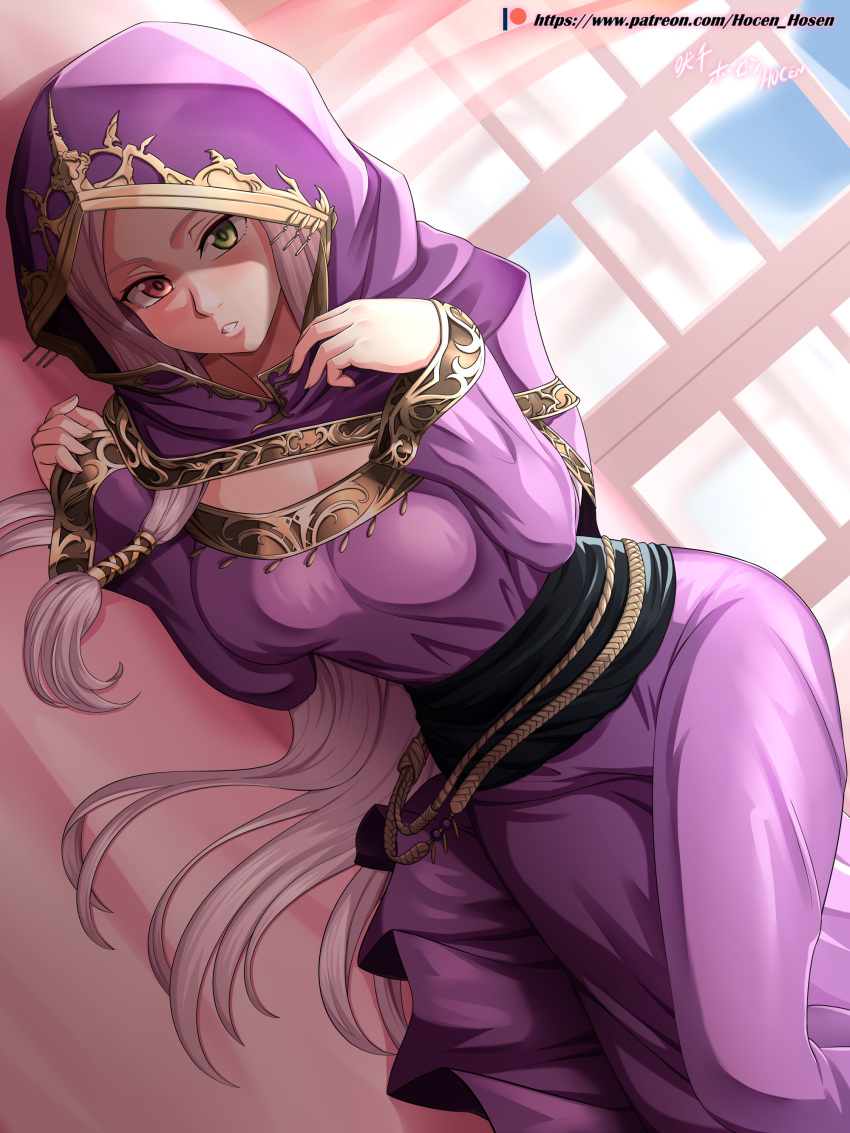 1girl absurdres dress fire_emblem fire_emblem:_the_binding_blade green_eyes heterochromia highres hood hood_up idunn_(fire_emblem) long_hair long_sleeves lying on_side parted_lips purple_hair red_eyes solo vilde_loh_hocen watermark web_address window