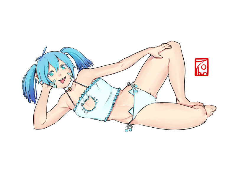 1girl 7bun_junbun absurdres aqua_hair bangs bare_shoulders bell bell_choker bra breasts cat_cutout cat_ear_panties cat_lingerie choker cleavage_cutout commission frilled_bra frills full_body hair_between_eyes hand_on_leg highres jingle_bell lingerie long_hair looking_at_viewer lying meme_attire navel on_side open_mouth original panties side-tie_panties simple_background small_breasts solo tongue tongue_out underwear white_background