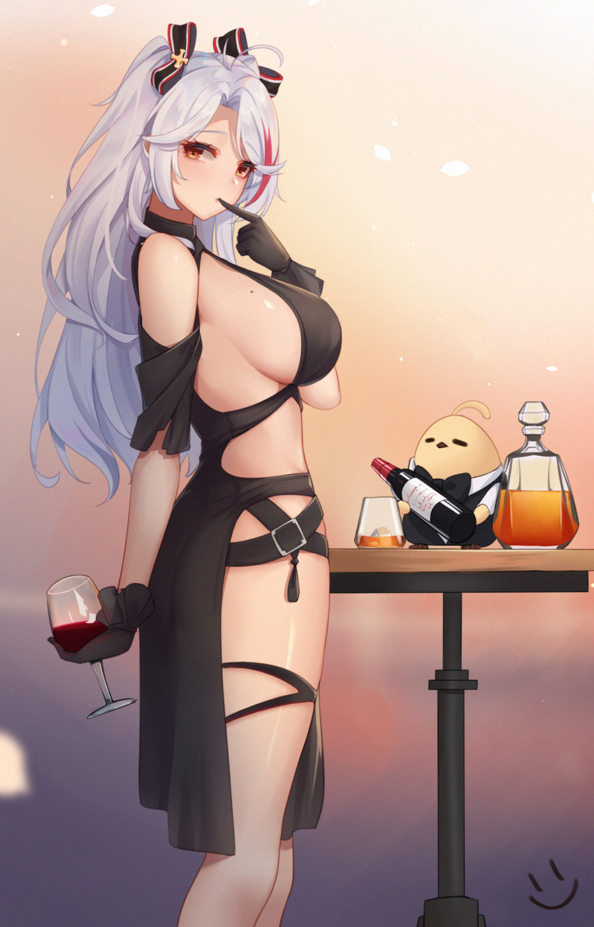 1girl alternate_costume antenna_hair arm_behind_back azur_lane bangs bare_shoulders black_dress black_gloves bow breasts brown_eyes cup dress drinking_glass finger_to_mouth gloves highres holding holding_cup large_breasts long_hair looking_at_viewer manjuu_(azur_lane) mole mole_on_breast multicolored_hair prinz_eugen_(azur_lane) prinz_eugen_(cordial_cornflower)_(azur_lane) redhead silver_hair solo streaked_hair swept_bangs thigh_strap thighs two_side_up wei_xiao wine_glass