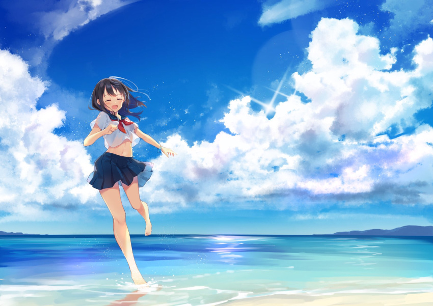 1girl :d ahoge bangs bare_legs barefoot beach black_hair blue_skirt blue_sky bracelet closed_eyes clouds happy highres horizon jewelry kisaragi_yuri midriff mountain navel ocean open_mouth original pleated_skirt red_neckwear running sailor_collar school_uniform shirt short_sleeves skirt sky smile solo white_shirt