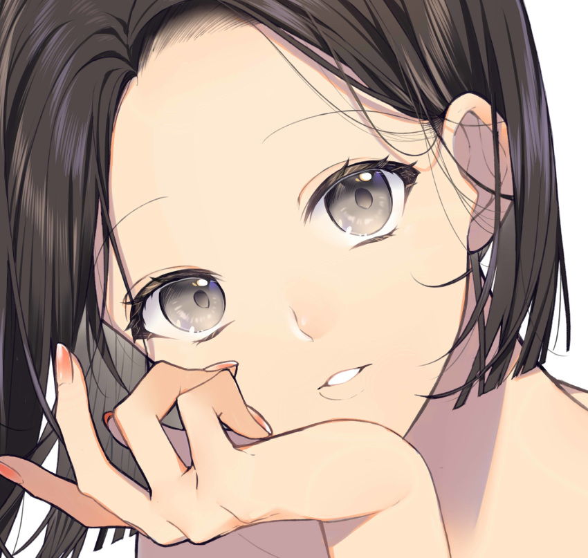 1girl absurdres black_eyes brown_hair close-up commentary_request eyebrows eyelashes fingernails head_rest head_tilt highres looking_at_viewer nail_polish original red_nails short_hair sogawa solo white_background