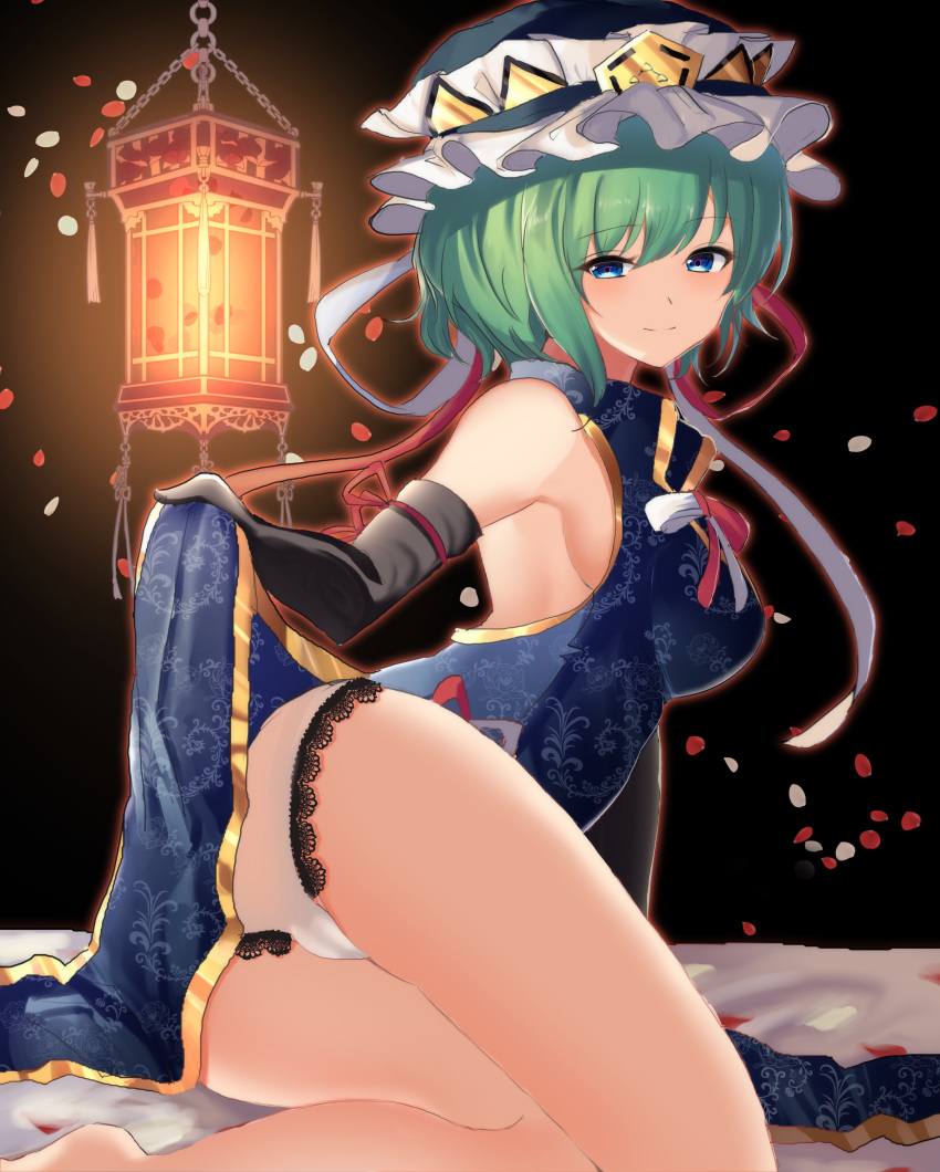 absurdres armpits asymmetrical_hair bangs bare_shoulders barefoot bed black_gloves blue_dress blue_eyes china_dress chinese_clothes detached_sleeves dress eyes_visible_through_hair frilled_hat frills gloves green_hair hat highres kozomezuki lantern looking_at_viewer panties pantyshot petals shiki_eiki sitting touhou underwear