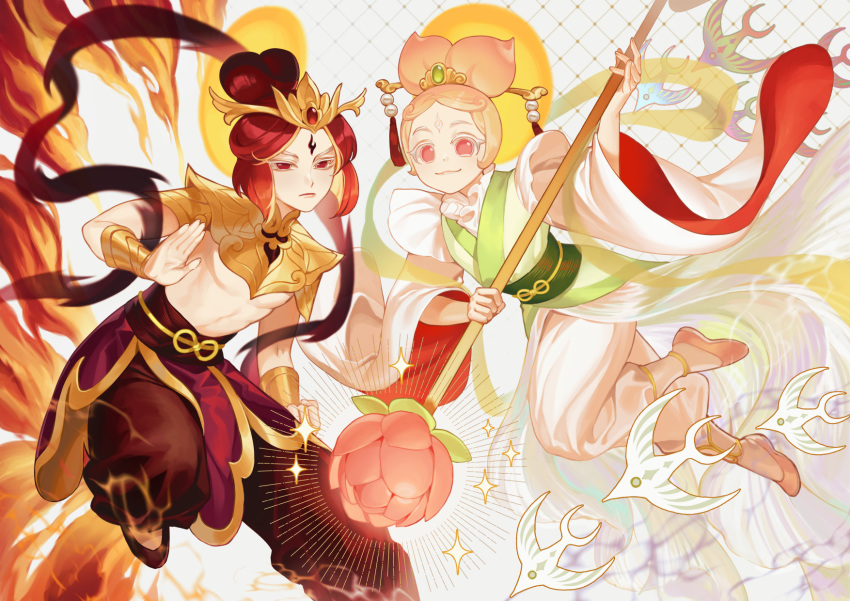 1boy 1girl bangs blush brother_and_sister cao_hong_anh chest chinese_clothes closed_mouth colored_eyelashes cookie_run double_bun fish flower highres holding holding_weapon looking_at_viewer lotus patterned_background peach_cookie pelvic_curtain personification pink_hair plum_cookie red_eyes redhead shirtless siblings smile weapon