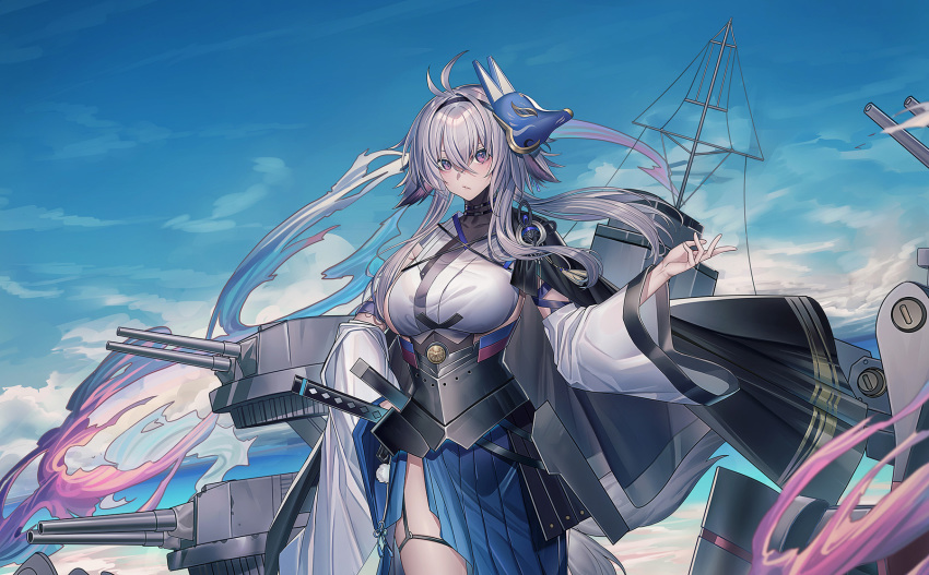 1girl animal_ears asymmetrical_clothes azur_lane black_choker blue_skirt breasts choker clouds cloudy_sky corset detached_sleeves echj floppy_ears fluffy fox_mask fox_tail hair_between_eyes highres large_breasts long_hair looking_at_viewer mask mask_on_head pink_eyes pleated_skirt rigging sheath sheathed sideboob skirt sky solo sword tail thigh_strap tosa_(azur_lane) turret water weapon wide_sleeves