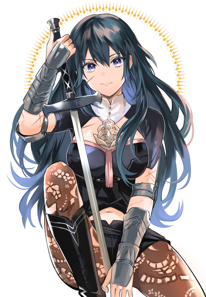 1girl alternate_hair_length alternate_hairstyle black_shorts blue_eyes blue_hair byleth_(fire_emblem) byleth_eisner_(female) closed_mouth fire_emblem fire_emblem:_three_houses highres holding holding_sword holding_weapon long_hair navel_cutout pantyhose short_shorts short_sleeves shorts smile solo sword umou_(user_xxhp7583) weapon