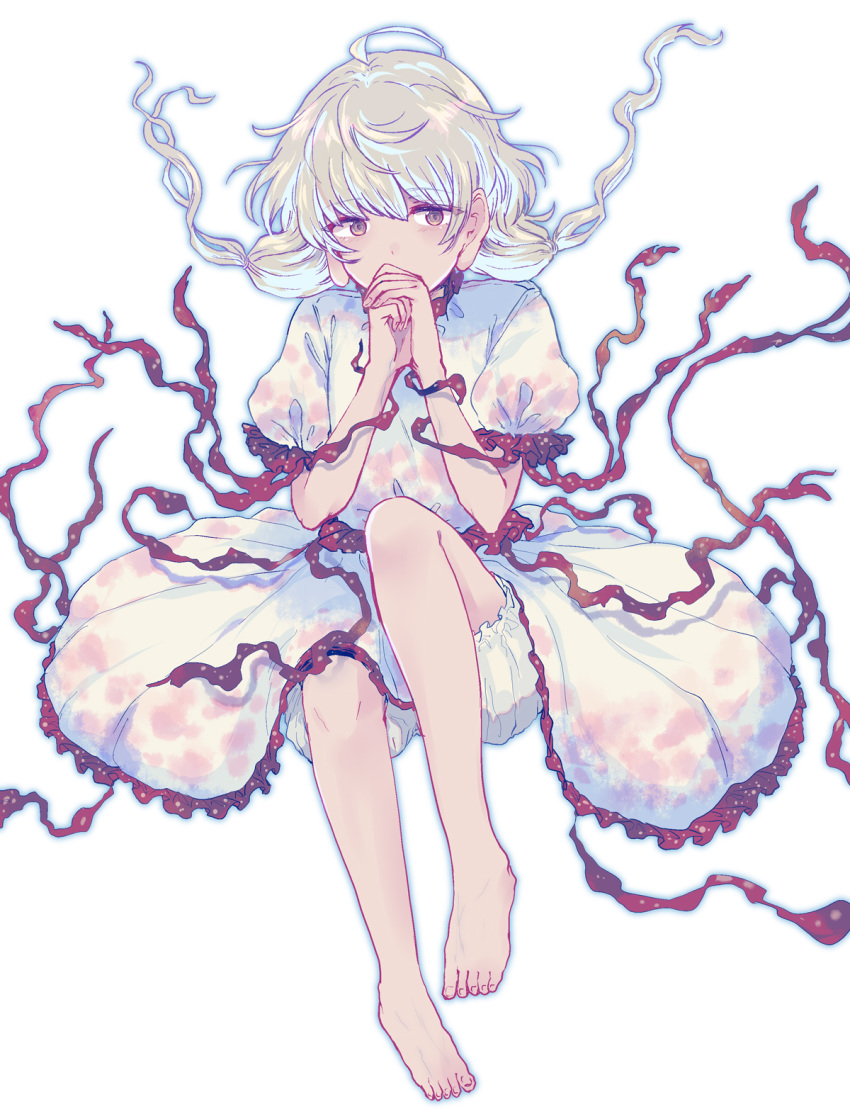 ahoge barefoot bloomers brown_eyes dress earlobes ebisu_eika eyebrows_visible_through_hair floating floating_hair frilled_shirt frills full_body hand_on_hand highres long_hair looking_at_viewer puffy_short_sleeves puffy_sleeves shirt short_sleeves simple_background touhou underwear uranaishi_(miraura) white_background white_dress