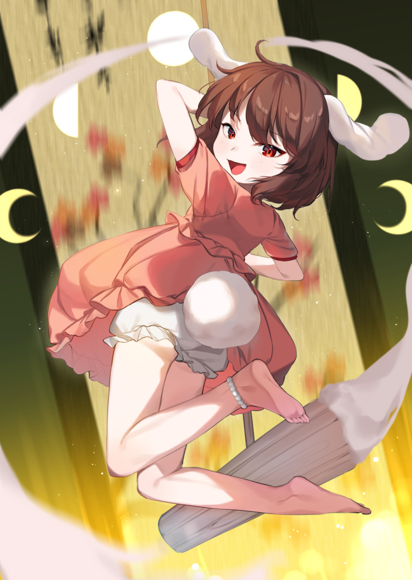 1girl absurdres animal_ears barefoot black_hair bloomers bunny_tail crescent dress floating floppy_ears frilled_dress frilled_sleeves frills full_body full_moon highres inaba_tewi kine looking_at_viewer mallet mochi moon pink_dress puffy_short_sleeves puffy_sleeves rabbit_ears red_eyes short_hair short_sleeves tail touhou underwear useq1067