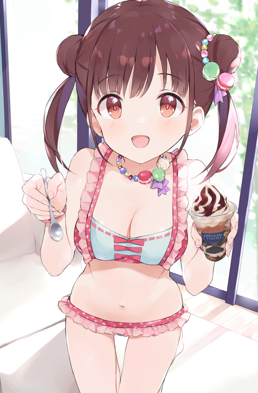 1girl absurdres bikini bracelet breasts brown_hair collarbone couch food frilled_bikini frills highres ice_cream idolmaster idolmaster_shiny_colors indoors jewelry large_breasts looking_at_viewer midriff monon_tulle navel necklace open_mouth red_eyes short_hair sleeveless solo sonoda_chiyoko spoon swimsuit window