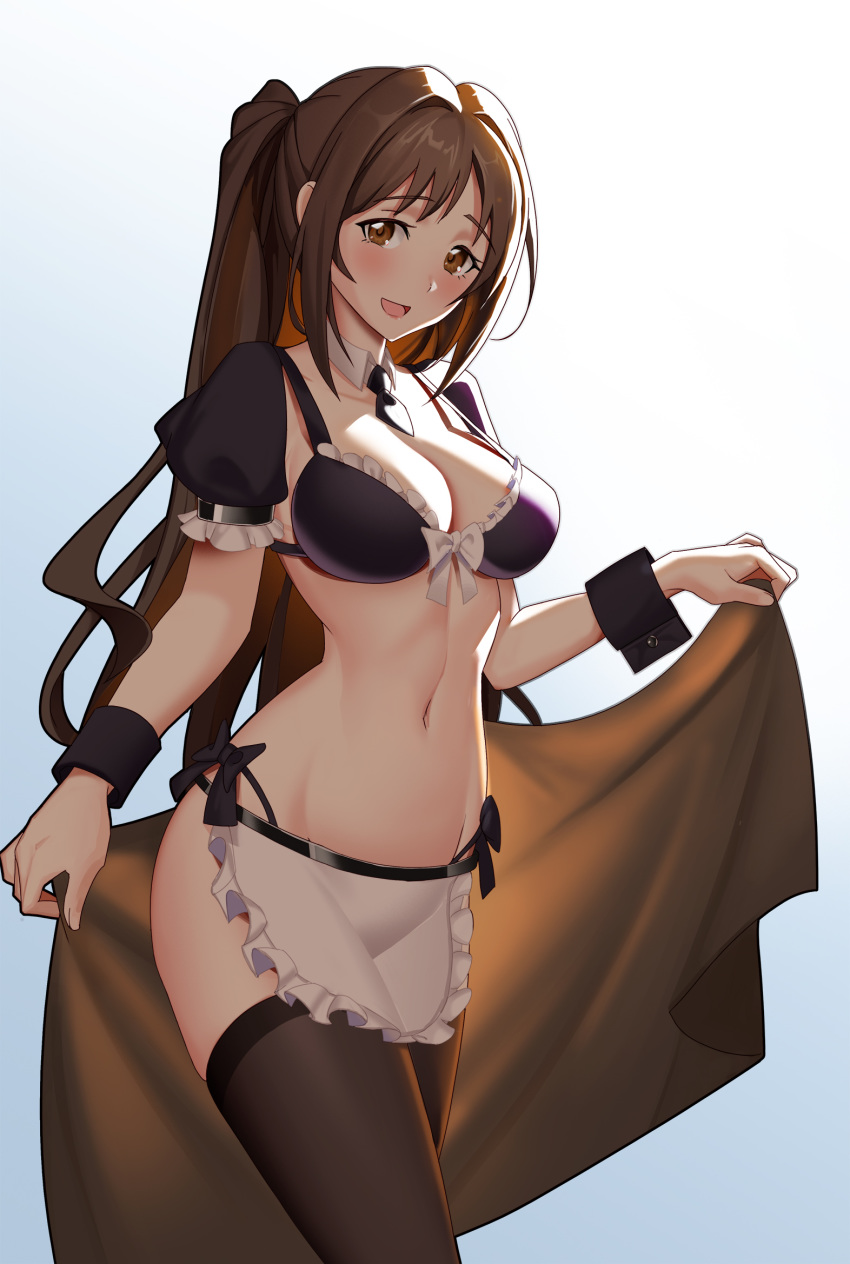 1girl alternate_costume apron bangs bikini black_bikini black_legwear black_neckwear blush bow breasts brown_eyes brown_hair detached_collar enmaided eyebrows_visible_through_hair frilled_apron frilled_bikini frilled_sleeves frills gradient gradient_background highres holding idolmaster idolmaster_cinderella_girls large_breasts lipstick long_hair looking_at_viewer maid maid_bikini makeup navel necktie northman one_side_up open_mouth puffy_short_sleeves puffy_sleeves shimamura_uzuki short_necktie short_sleeves shrug_(clothing) side-tie_bikini slender_waist smile solo stomach strap_gap swimsuit thigh-highs towel very_long_hair waist_apron white_apron white_bow wrist_cuffs