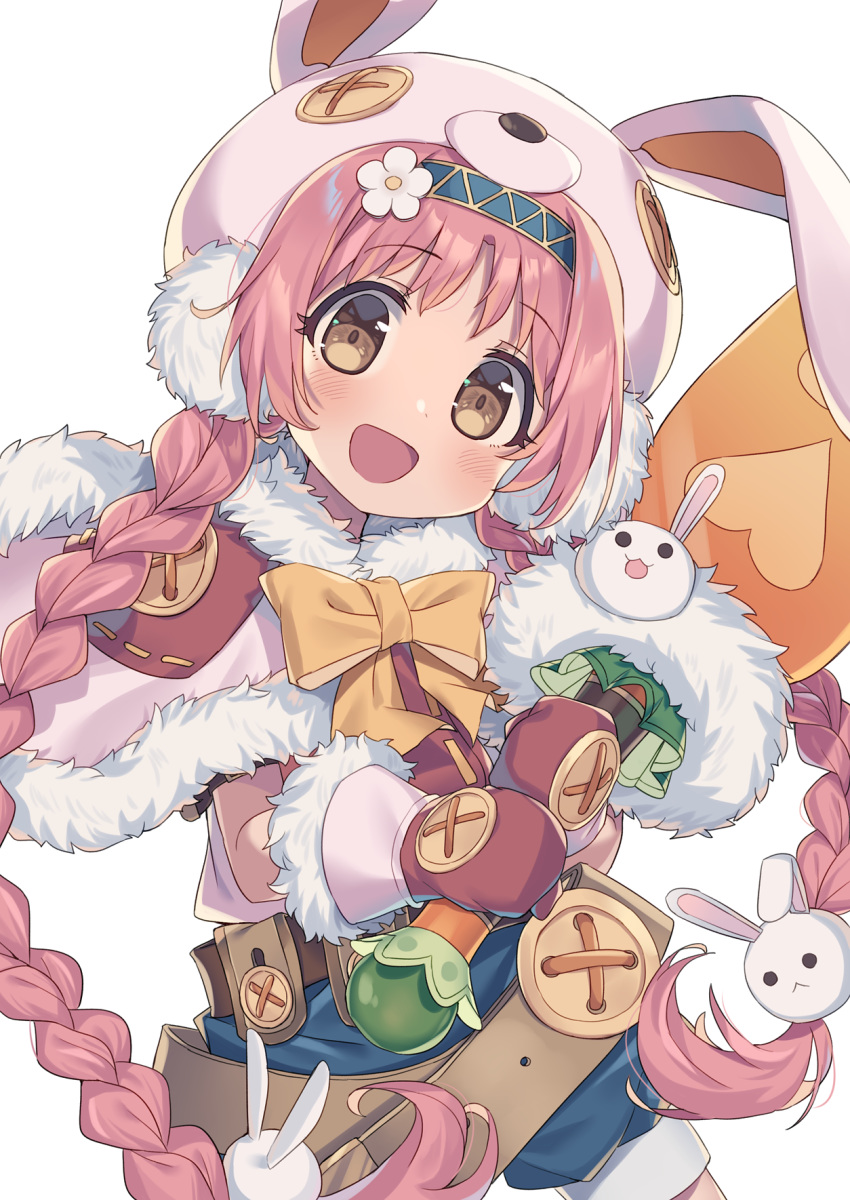 1girl animal_ears belt blue_shorts bow braid brown_eyes capelet carrot earmuffs fake_animal_ears flower fur_trim hair_flower hair_ornament hairband hat highres long_hair mimi_(princess_connect!) mittens open_mouth pink_capelet pink_hair pink_shirt princess_connect! princess_connect!_re:dive rabbit_ears red_mittens ribbon shirt shorts smile solo sword twin_braids twintails very_long_hair wagashi928 weapon white_headwear
