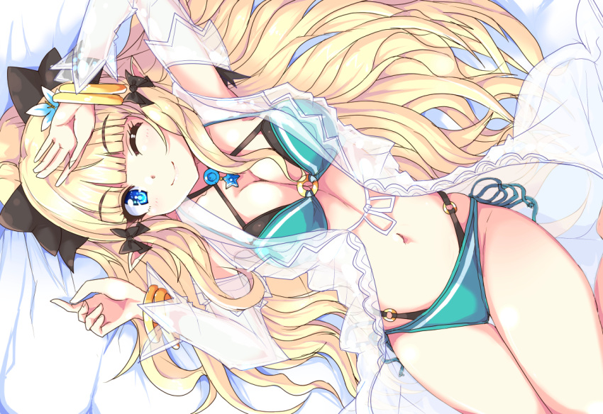 1girl ;) bangs bikini black_bow blonde_hair blue_eyes blush bow breasts elf eyebrows_visible_through_hair flower hair_bow hair_flower hair_ornament large_breasts long_hair looking_at_viewer one_eye_closed open_mouth pointy_ears ponytail princess_connect! princess_connect!_re:dive saren_(princess_connect!) smile solo swimsuit yamada_(hvcij)
