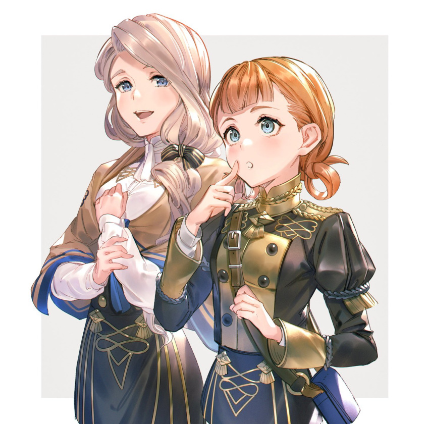 2girls annette_fantine_dominic blonde_hair blue_eyes bomssp bow fire_emblem fire_emblem:_three_houses garreg_mach_monastery_uniform grey_background hair_bow highres long_hair long_sleeves low_ponytail mercedes_von_martritz multiple_girls open_mouth orange_hair simple_background twintails uniform upper_body